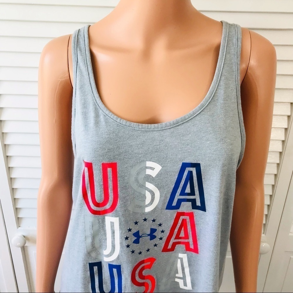 3/$25 UNDER ARMOUR Gray Criss Cross Back USA Tank Top Size XL - Picture 2 of 7